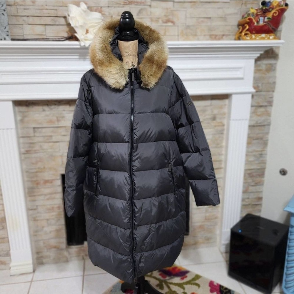 MICHAEL Kors steel Grey maxi long Faux fur hooded puffer coat plus size 2X new!!
